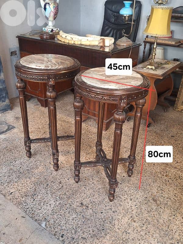 2 antique tall round solid wood and marble tables 1