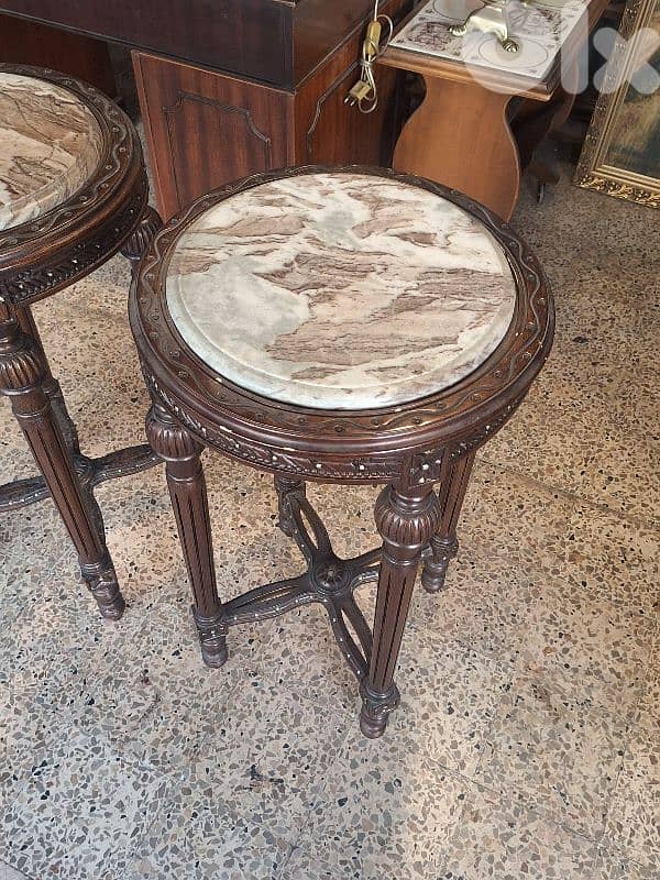 2 antique tall round solid wood and marble tables 3