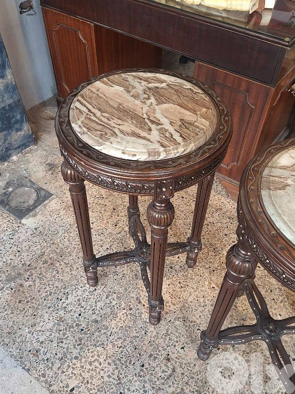 2 antique tall round solid wood and marble tables 4
