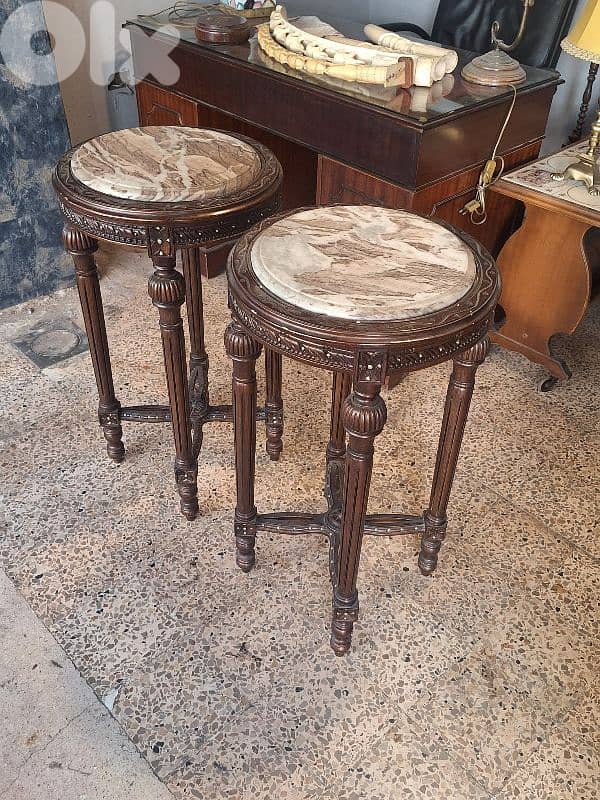 2 antique tall round solid wood and marble tables 5