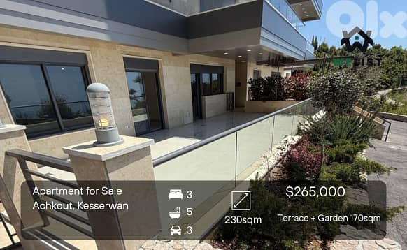 Apartment + Terrace and Garden 170sqm for sale in Achkout 0