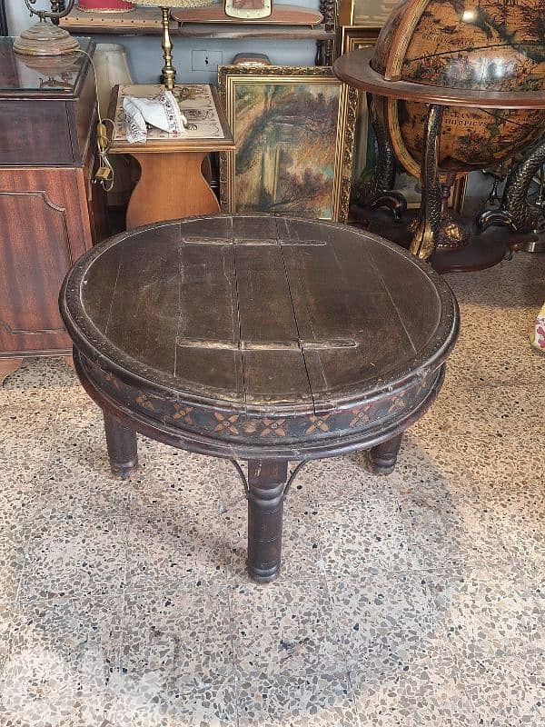 antique rustic round solid wood and bronze table 0