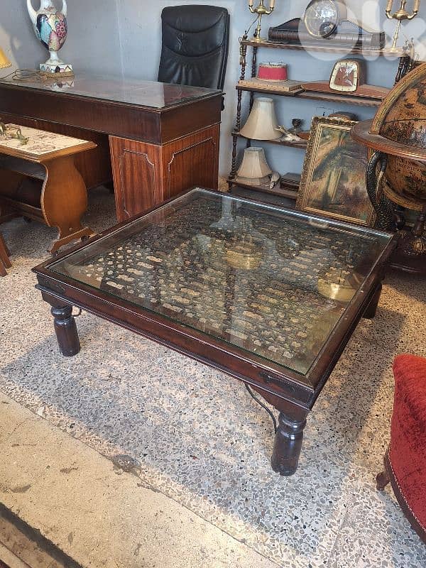 antique solid wood and iron coffee table 0