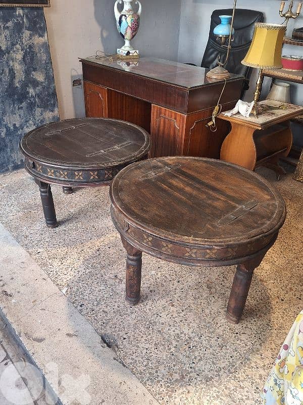 2 antique solid wood and bronze coffee tables 0