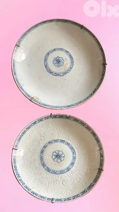 Paire d’assiettes en porcelaine de Chine émaillée bleu-blanc
