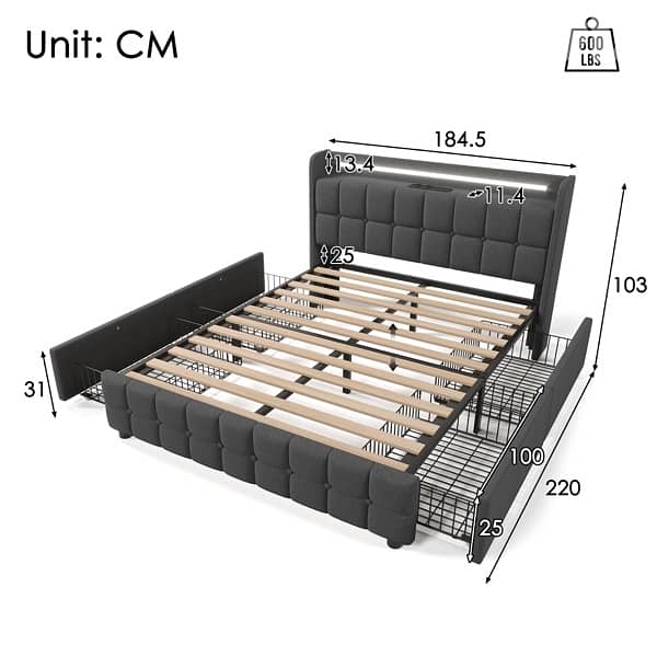bed with 4 storage drawers Led and power charger jet 4