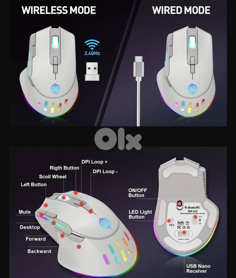 K-Snake BM520 9-button 2.4G RGB Wireless Dual-mode Gaming Mouse 5