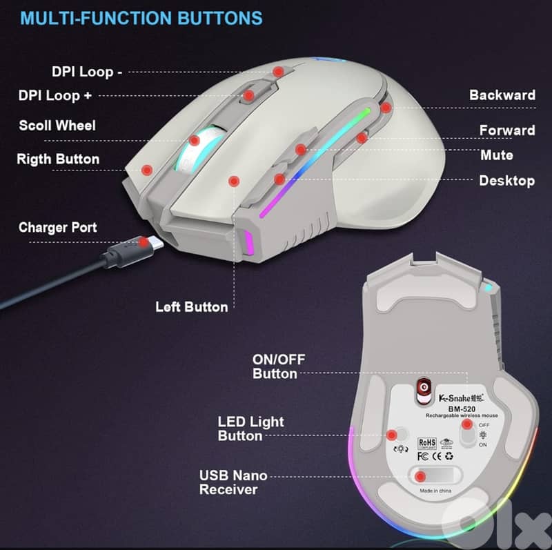 K-Snake BM520 9-button 2.4G RGB Wireless Dual-mode Gaming Mouse 7