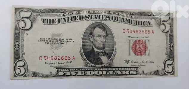 USA Five Dollars Red Seal Banknote year 1953