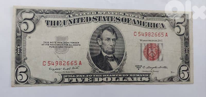 USA Five Dollars Red Seal Banknote year 1953 0