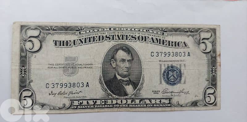 USA Five Dollars Silver Certificate Banknote year 1953 0