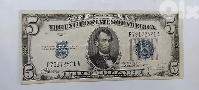 USA Five Dollars Silver Certificate Banknote year 1934 Memorial