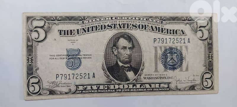 USA Five Dollars Silver Certificate Banknote year 1934 Memorial 0