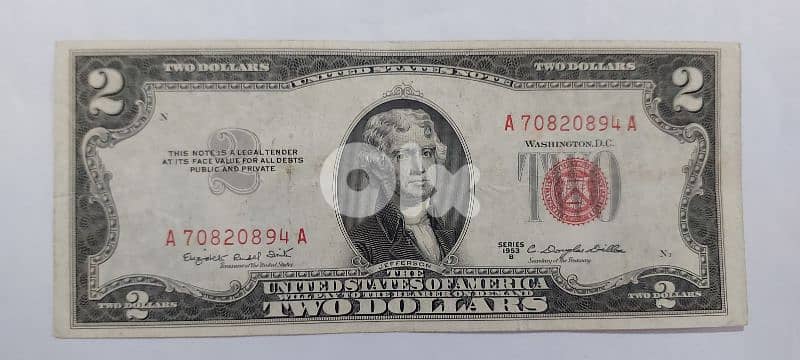 USA Two Dollars Red Seal Banknote year 1953 Memorial 0