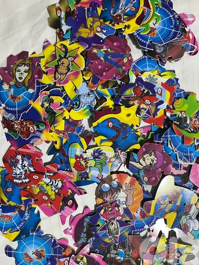 vintage collection pogs, cards and stickers
