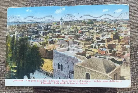 كرت بريدي فلسطين صورة للقدس من برج قلعة انطونيا ارسل من أميركا سنة١٩٢٨