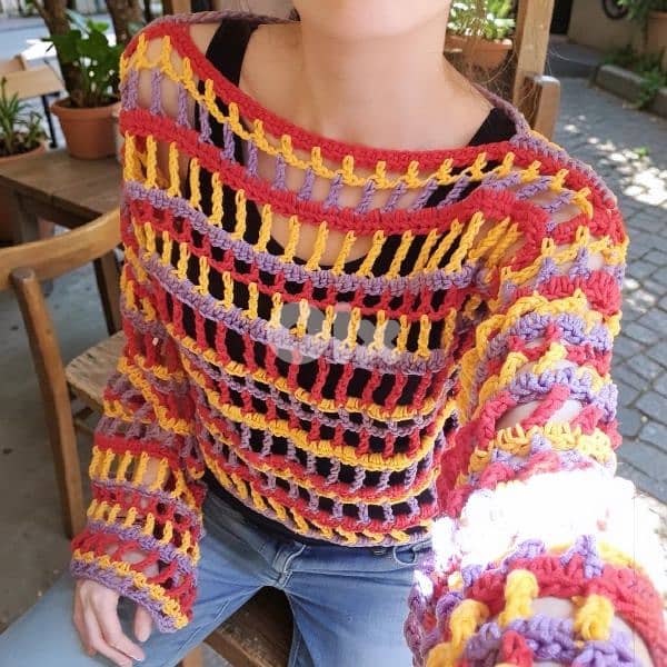 Handmade crochet oversized mesh top in yellow purple and red cotton 0