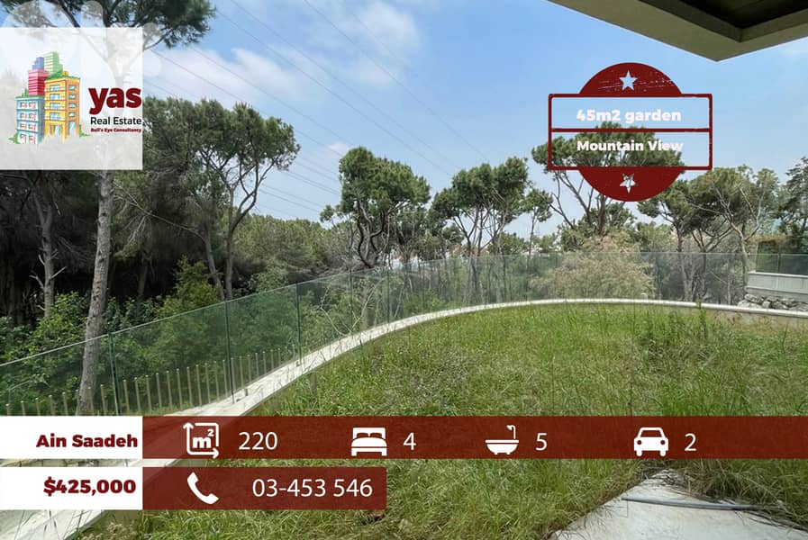 Ain Saadeh 220m2 | 45m2 Garden | Duplex Available | Calm Street | TCH 0