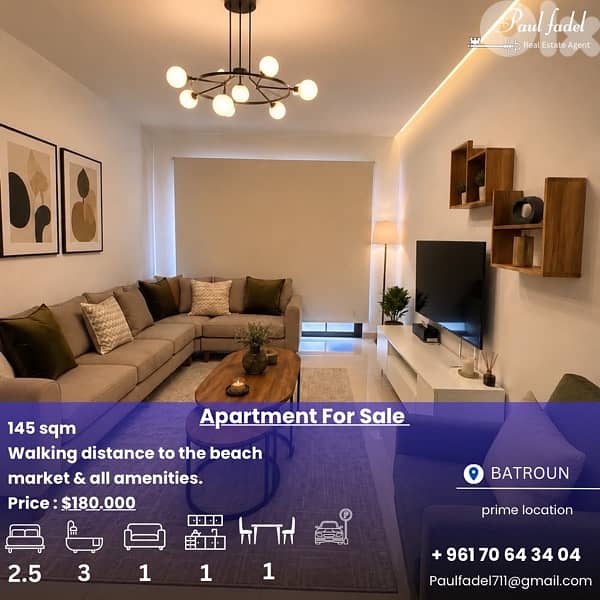Modern 145 sqm apartment for sale in a prime Batroun 0