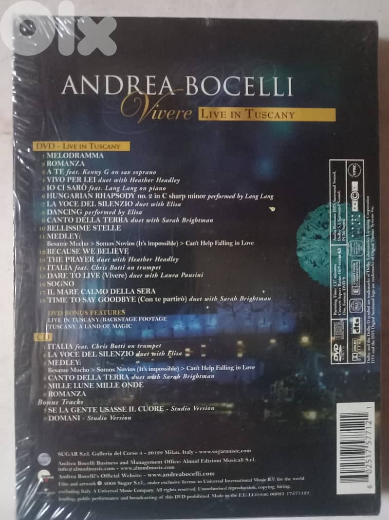 Andrea Bocelli: Vivere Live in Tuscany DVD and CD package. 3