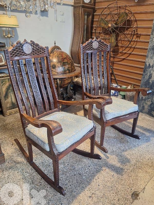 2 antique hand carved brass inlaid solid wood swing chairs 0