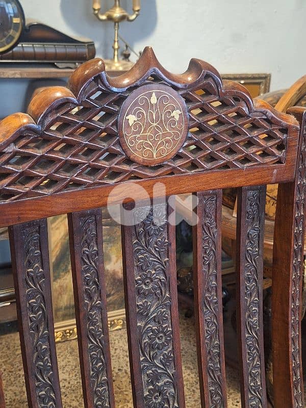 2 antique hand carved brass inlaid solid wood swing chairs 2
