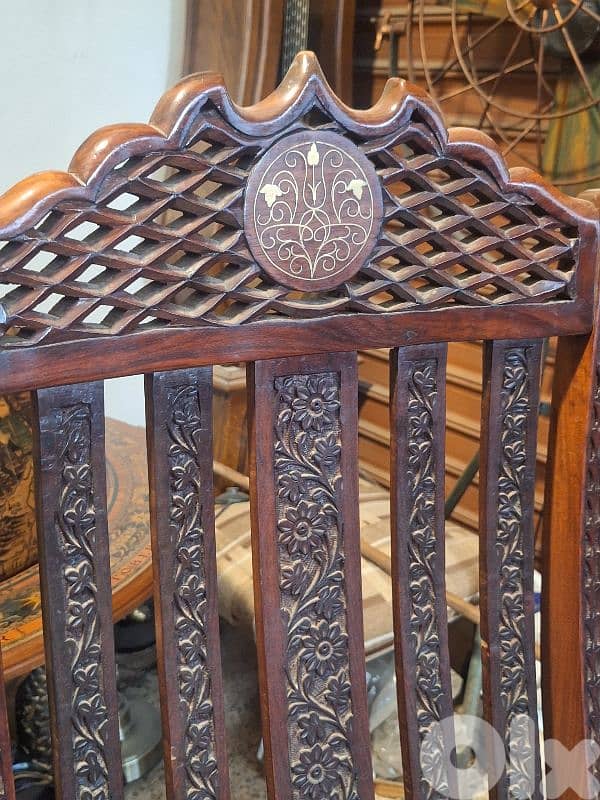 2 antique hand carved brass inlaid solid wood swing chairs 4