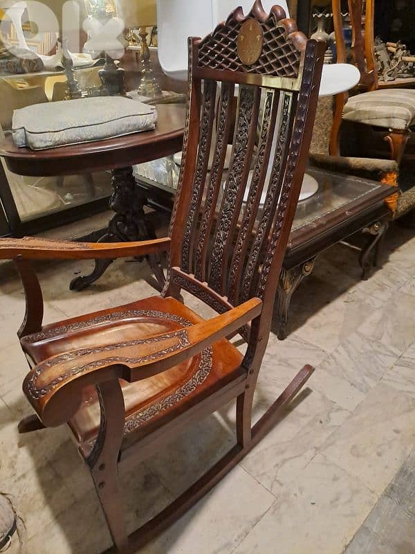 2 antique hand carved brass inlaid solid wood swing chairs 7