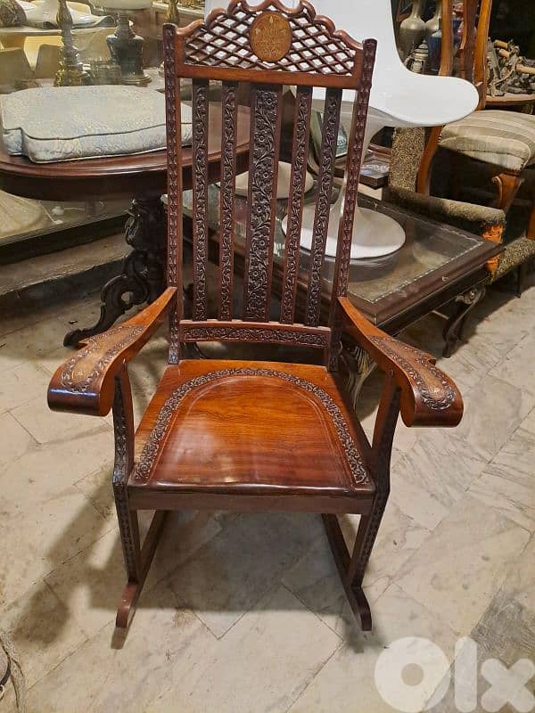 2 antique hand carved brass inlaid solid wood swing chairs 8