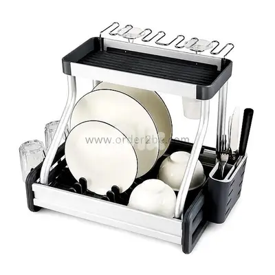 2-Tier Aluminum Dish Rack with Wine Glass Holder