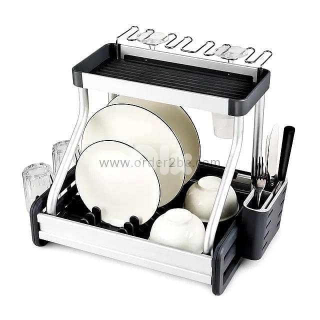 2-Tier Aluminum Dish Rack with Wine Glass Holder 0