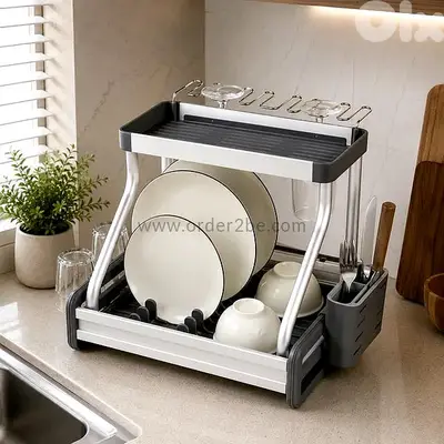 2-Tier Aluminum Dish Rack with Wine Glass Holder
