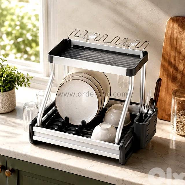 2-Tier Aluminum Dish Rack with Wine Glass Holder 2
