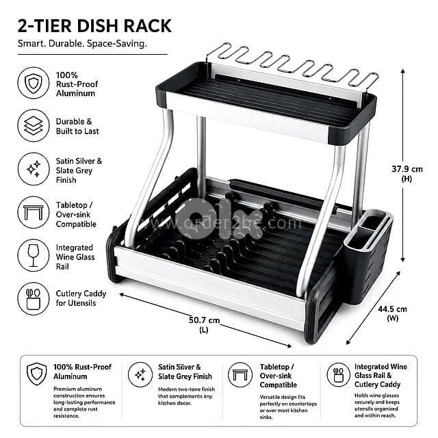 2-Tier Aluminum Dish Rack with Wine Glass Holder 7
