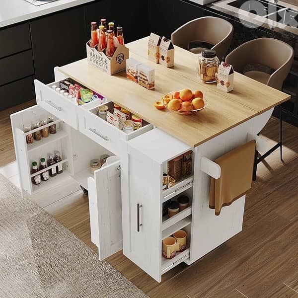 x Kitchen Island with Folding Worktop, Movable Kitchen Trolley 0