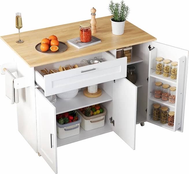x Kitchen Island with Folding Worktop, Movable Kitchen Trolley 2