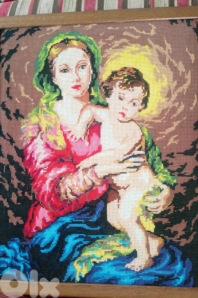 Vintage handmade needlework "gobelin" Jesus and Mary 0