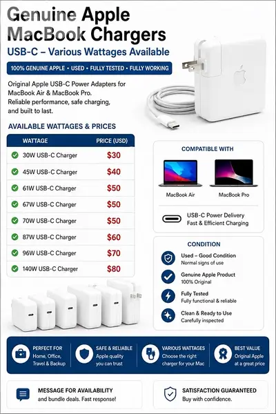 Genuine Apple USB-C MacBook Chargers – Various Wattages Available