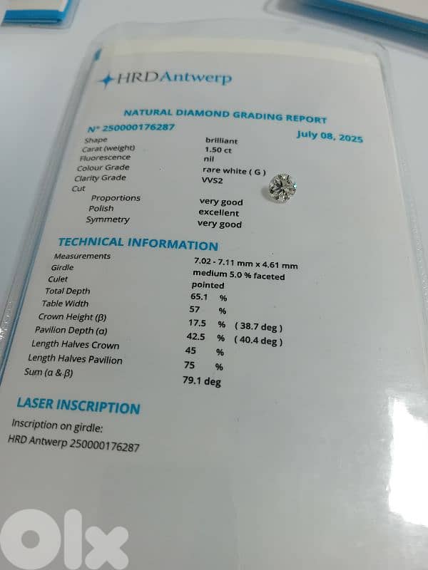 certified diamond 1.5 ct  . G vvs2.6600$ 2