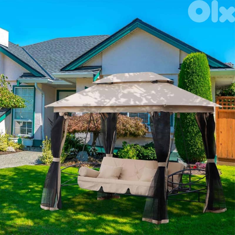 3-Person Swing with Canopy and Mesh Walls for Outdoors - أرجوحة 1