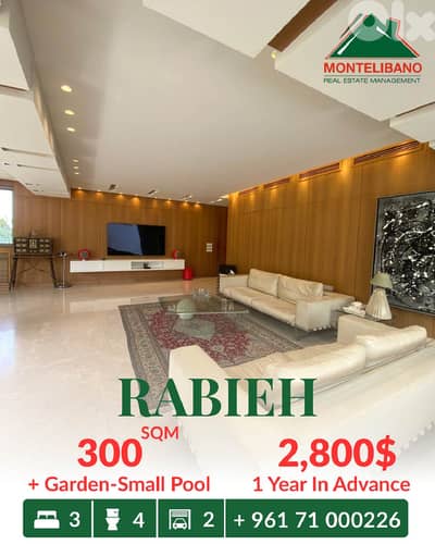 300 sqm Apartment For Rent in Rabieh رابية with Garden & Small Pool