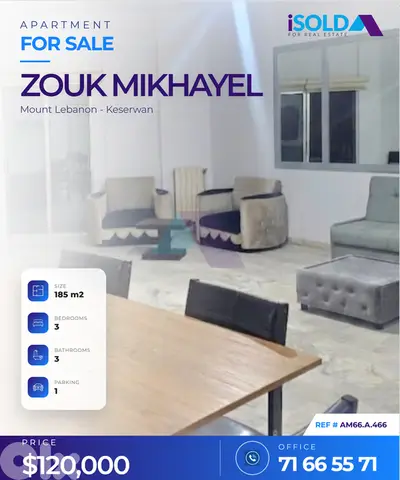 Furnished 180m2 apartment+terrace+Sea view 4sale in Zouk Mikhayel