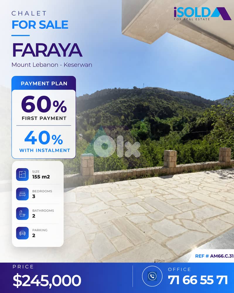 "Payment Facilities" 2 bedroom chalet+mountain view 4sale in Faraya 0