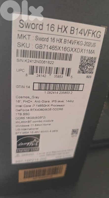 OPEN BOX MSI SWORD 16HX CORE I7 GENERATION 14HX RTX 4060 WITH 1 TERRA 6