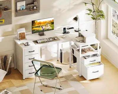 Lshaped desk with drawers and power supply