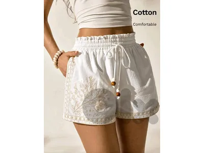 New Casual Woman Bohemian Style Embroidery Comfy Short With Beaded Straps