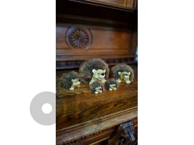Enchancting Vintage Porcelain & Faux-Fur Hedgehog Family