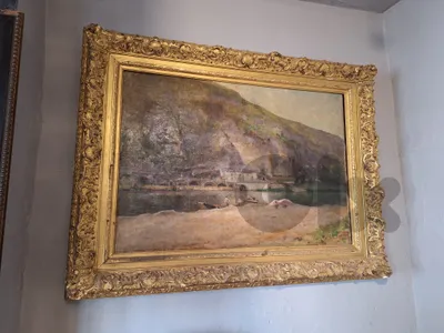 "Bord de rivière" 19th century antique french oil painting on canvas
