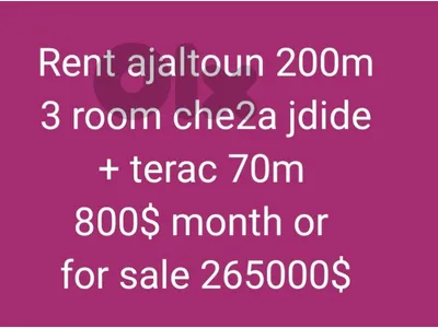 rent apartment ajaltoun 3 room + garden 800$ month