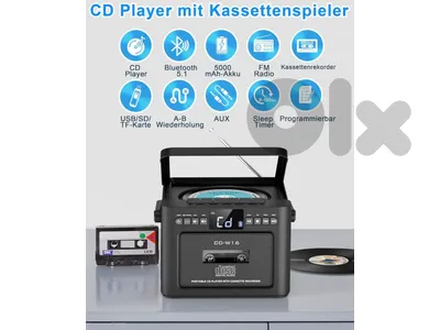 Greadio CD Player Portable, Boombox Cassette Player with FM Radio, Bluetooth 5.1, 5000 mAh Rechargeable Battery